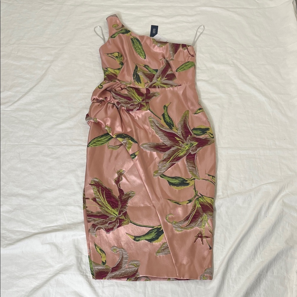 $765 New MARCHESA NOTTE One-shoulder Draped Floral-Jacquard Midi Dress Blush 4 - Picture 3 of 16